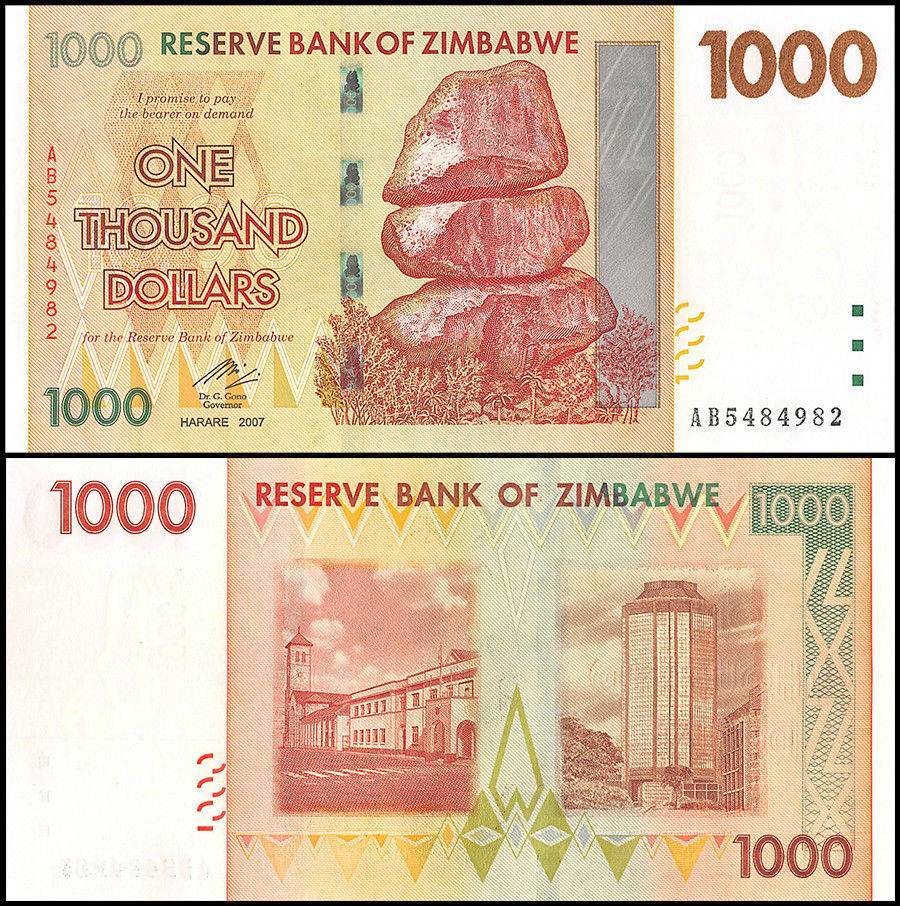 Zimbabwe 1000 Dollars, 2007, P-71, UNC