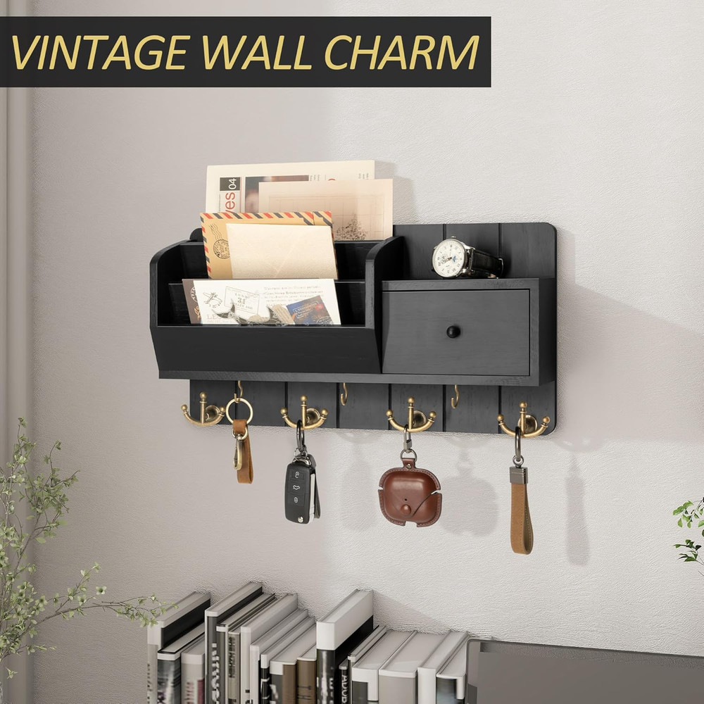 Key Holder Wall Mount with Mail Sorter - Decorative Mail Organizer for Wall with