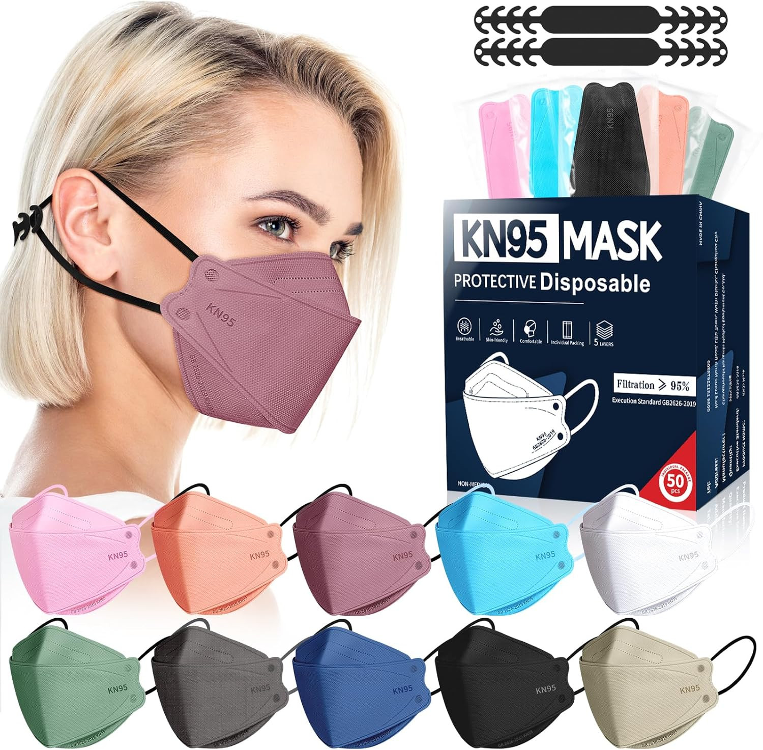 KN95 Face Masks Disposable Adults - 50 Pack 5 Layer Protection Dust Breathable C