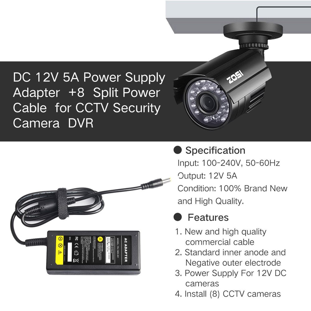 DC 12V 5A Power Supply Adapter+8 Split Power Cable For CCTV Security Camera DVR