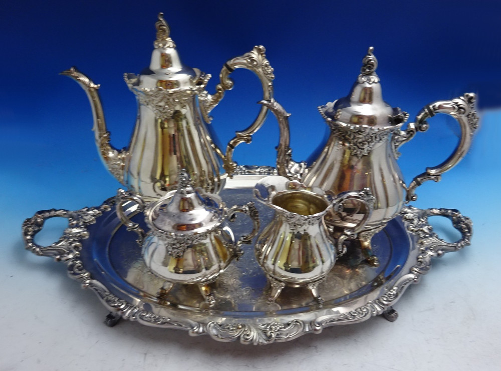 Grande Baroque by Wallace Silverplate Tea Set 4pc with Tray (#8643) Lovely!
