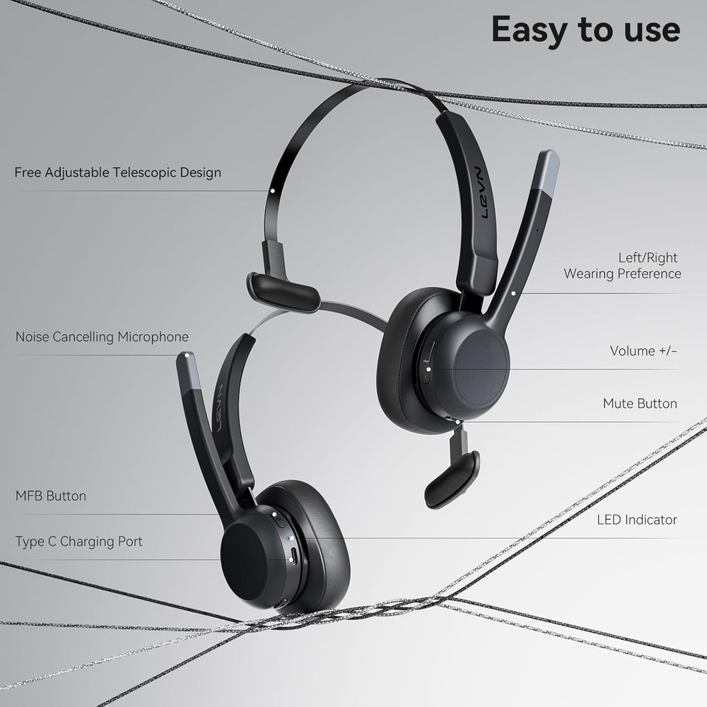 LEVN Trucker Headset Bluetooth 2 Devices Noise Cancelling Microphone Mute