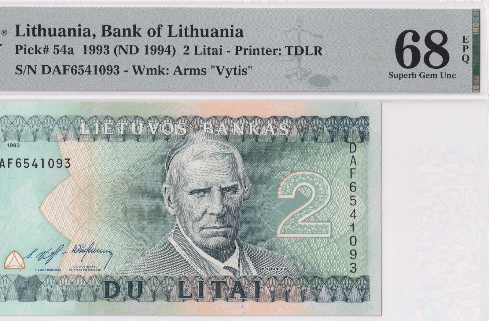 LITHUANIA-2 LITAI-1993 (ND 1994)-PICK 54a-#6541093 **PMG 68 EPQ SUPERB GEM UNC**