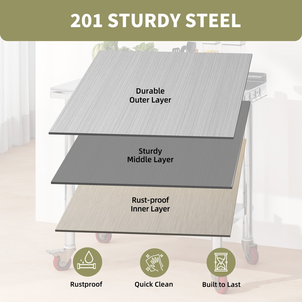Rolling Work Table Stainless Steel Undershelf Kitchen Prep Backsplash Side Hooks