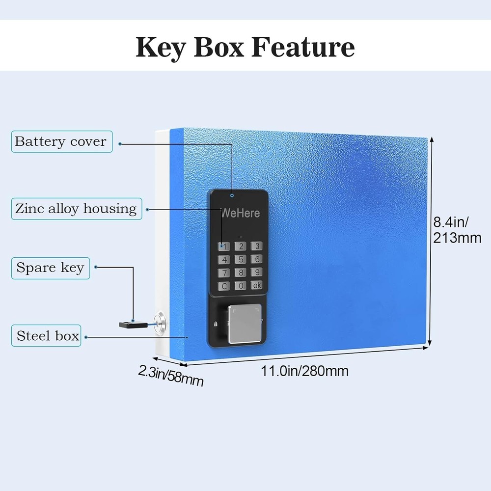 6 Key Lock Box Wall Mount, APP Bluetooth/OTP/Wi-Fi/Fixed Code/Key Unlock, Sma...