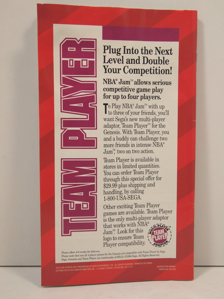 NBA Jam (SEGA Genesis) Authentic MANUAL ONLY