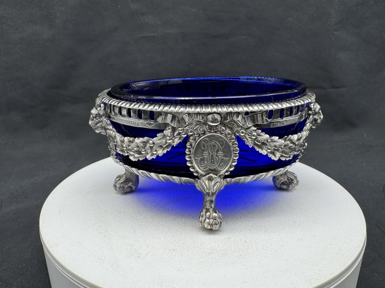 ANTIQUE FRENCH STERLING SILVER MASTER SALT CELLAR W/ COBALT BLUE GLASS INSERT