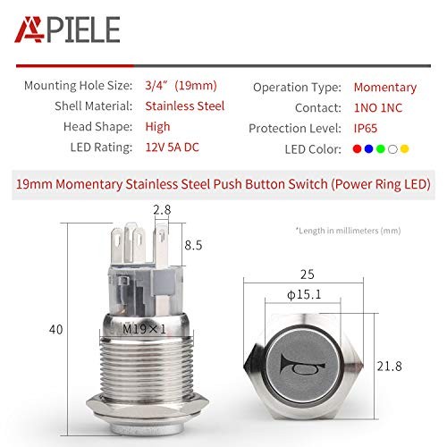 19mm 12V Momentary Speaker Horn Push Button Toggle Silver Shell-Red HORN