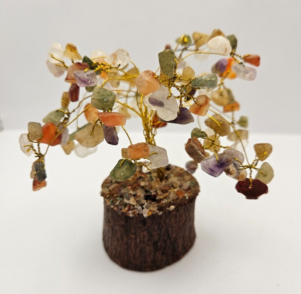 Copper Wire Multi Colored Gemstone Bonsai Tree & Wood Base - Vtg. Gemstone Tree