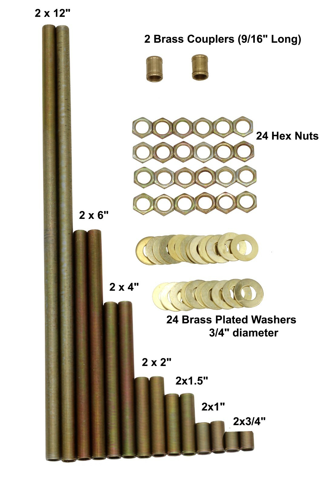 64 pc Lamp Repair Hardware Set, 12" Lamp Pipe, Pipe Nipples, Washers, Lock Nuts