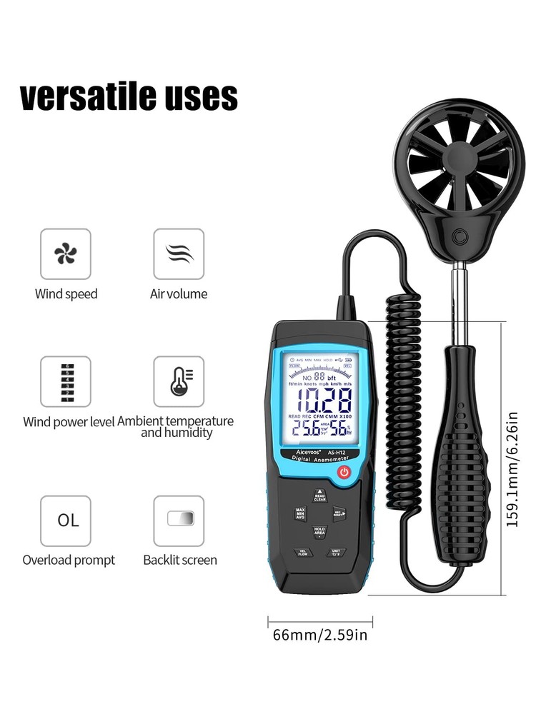 H12 Digital Anemometer Handheld Wind Speed Meter with Extended Wind Sensor, M...