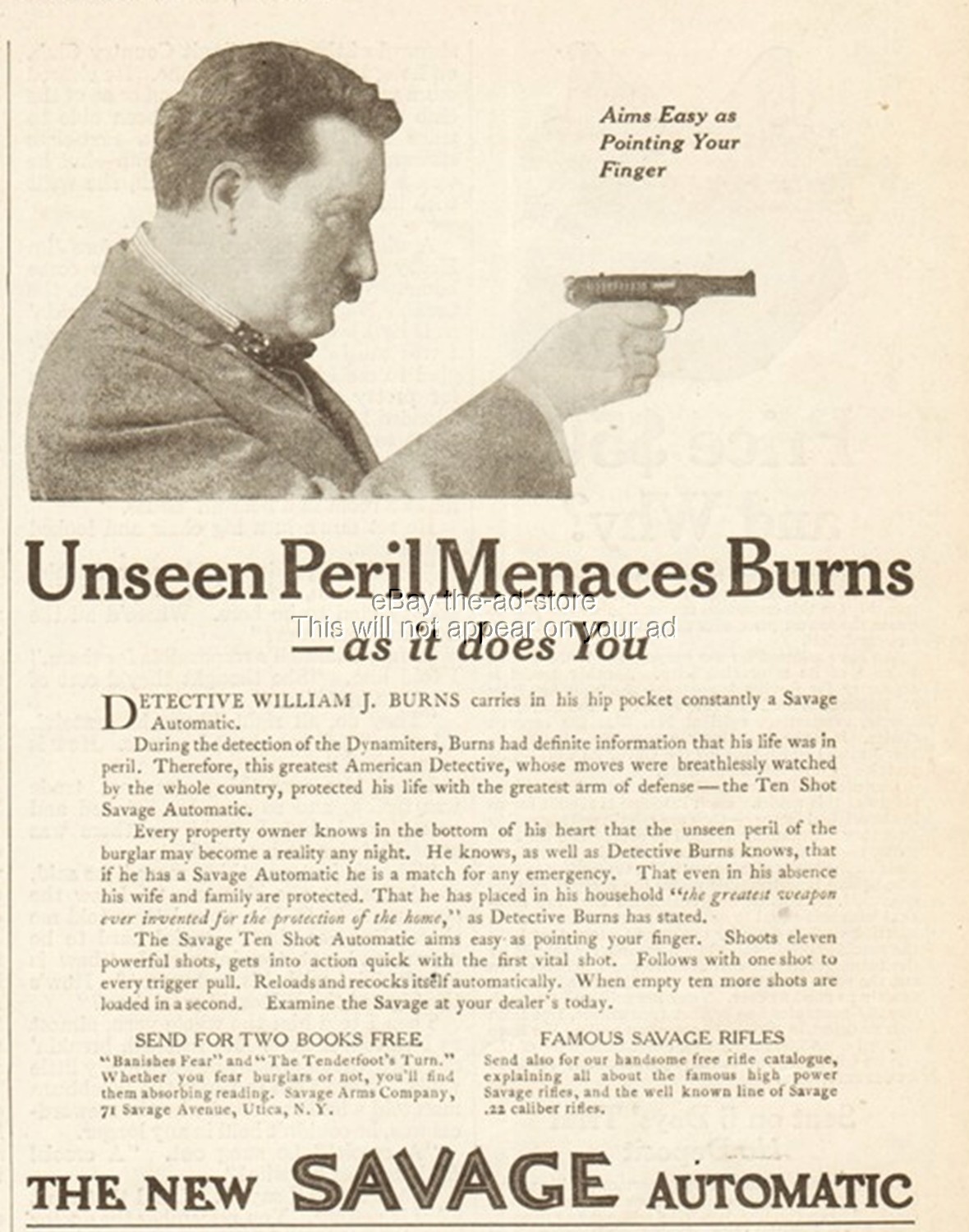 1912 Savage Arms Automatic Pistol Utica NY Detective William Burns Photo Vtg Ad