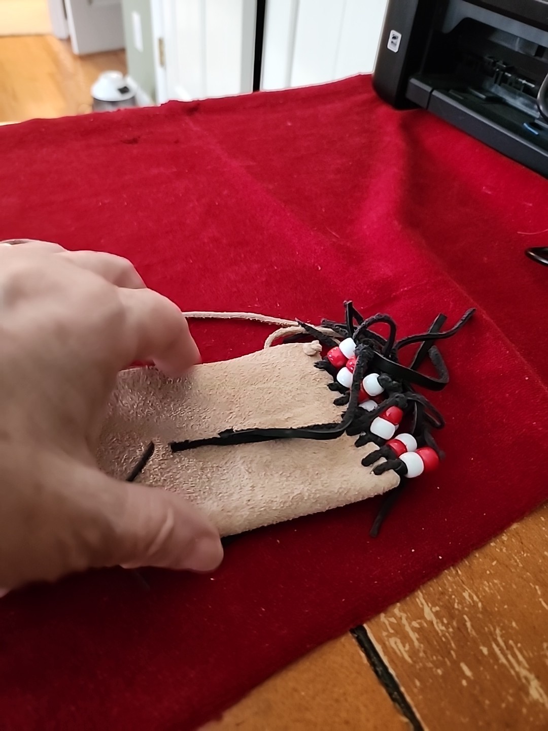 Native American Leather Pouch, Red/white Beads, Cherokee Made, COA #723