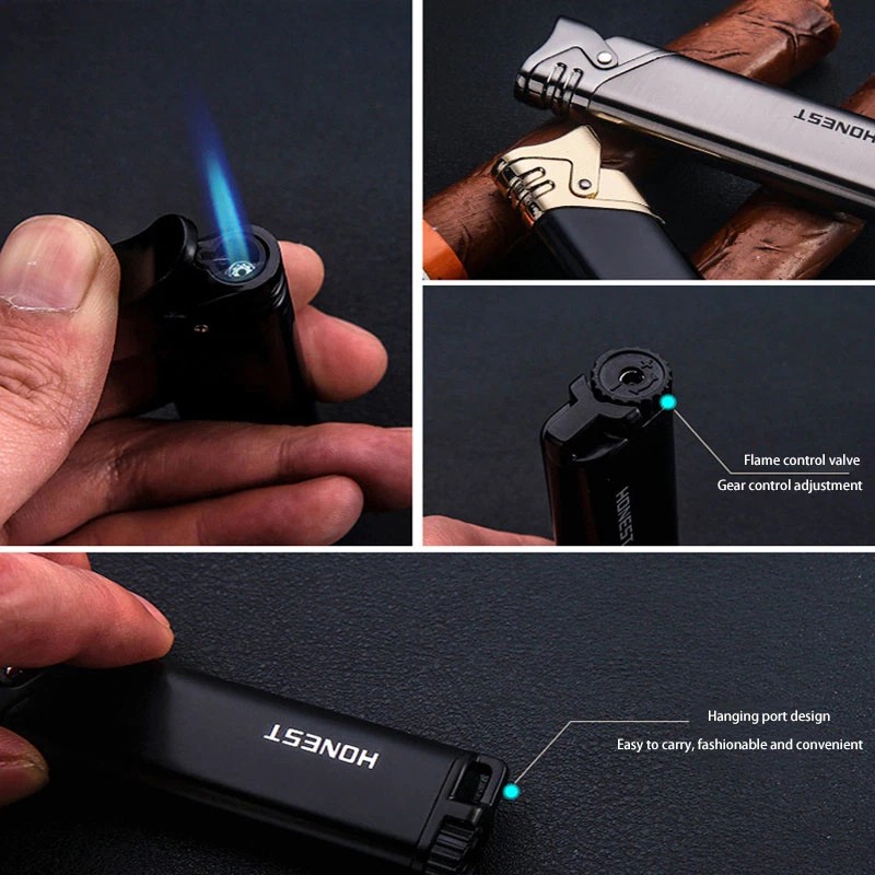 Cigar Lighter With Punch Tool Windproof Blue Flame Refillable Metal Design