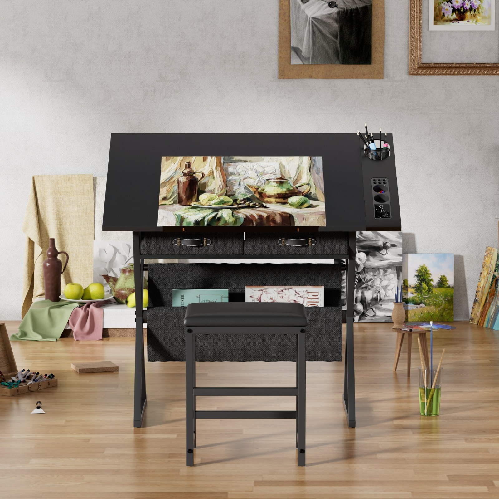 Vecelo Drafting Table Art Desk Art Table Adjustable Drawing Table w/Drawer Stool