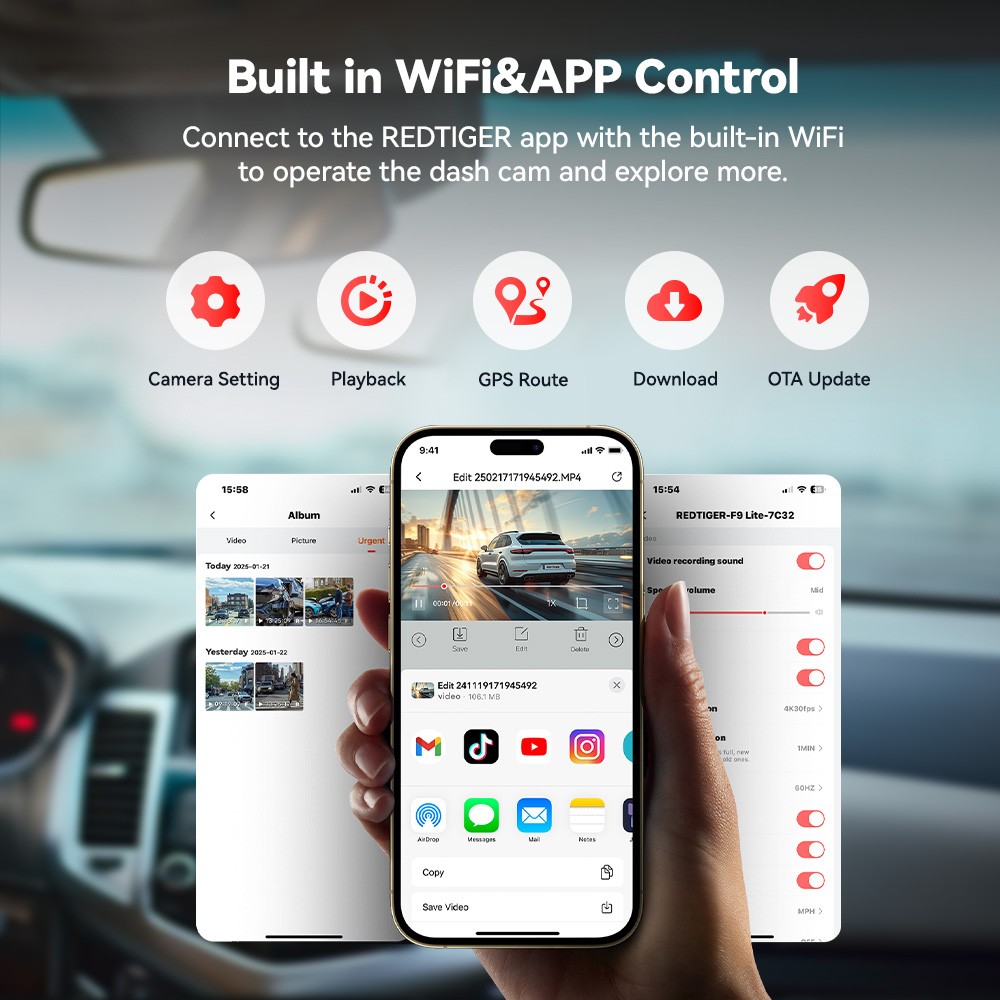 REDTIGER F9 Dash Cam Car Camera with 128GB Card Smart App Control WiFi GPS