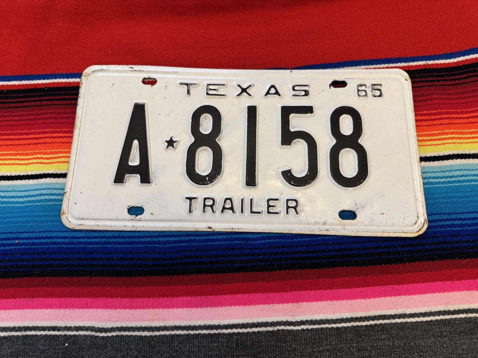 1965       TEXAS       TRAILER      LICENSE       PLATE      A8158      SINGLE