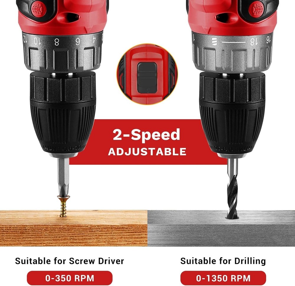 DEKO PRO 20V Electric Drill with Variable Speed & High Torque - Red Edition
