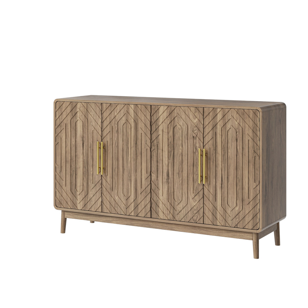 Sideboard with carved doors, storage compartments, and adjustable shelves