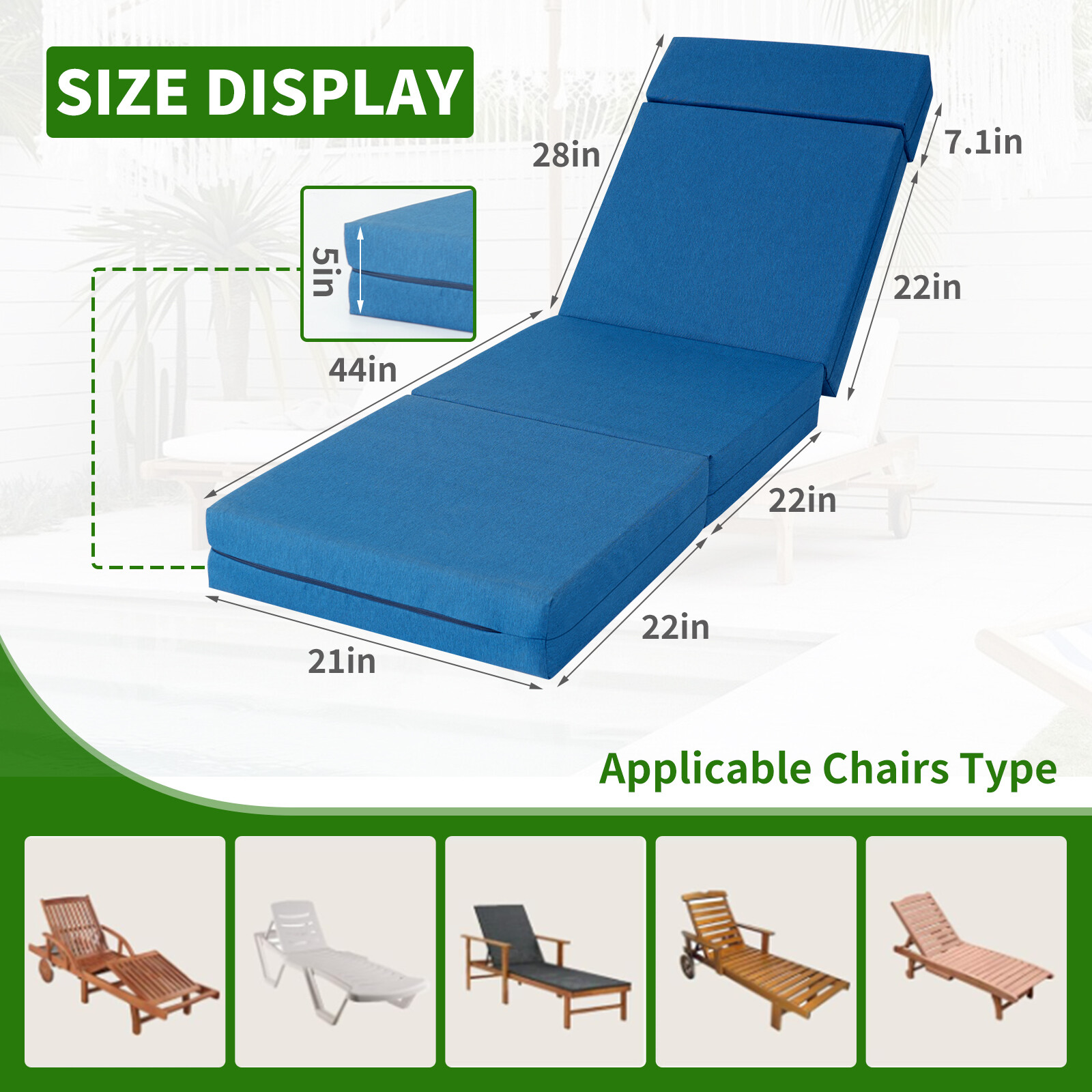 NAIZEA Chaise Lounge Cushions Outdoor Set of 2 Waterproof with Removable Cover