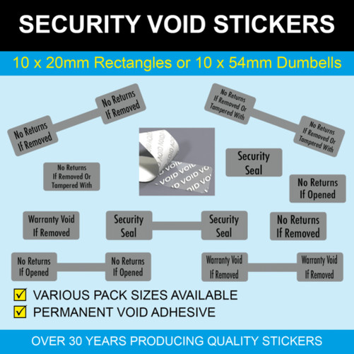 Security Void Seals - Permanent Stickers - Labels - Rectangles or Dumbell Seal