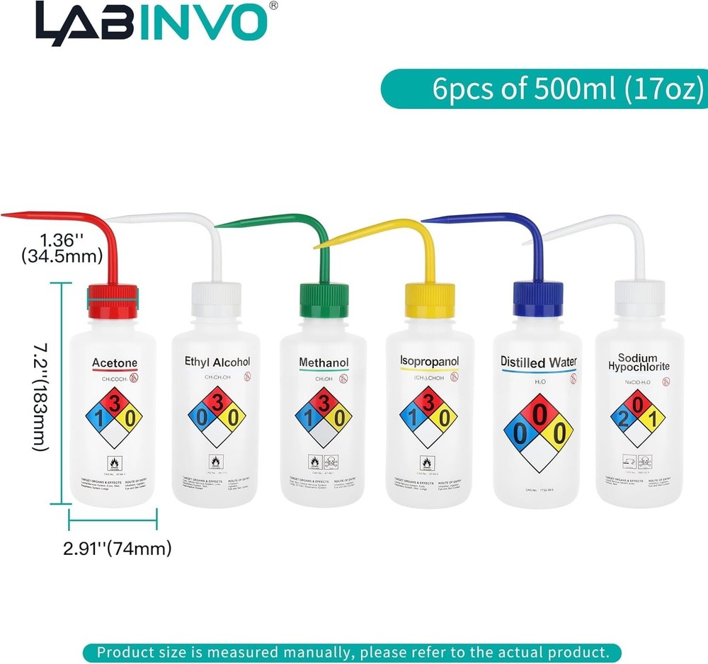 Lab Rinse Squeeze Bottles, Printed Labels, 6PCS