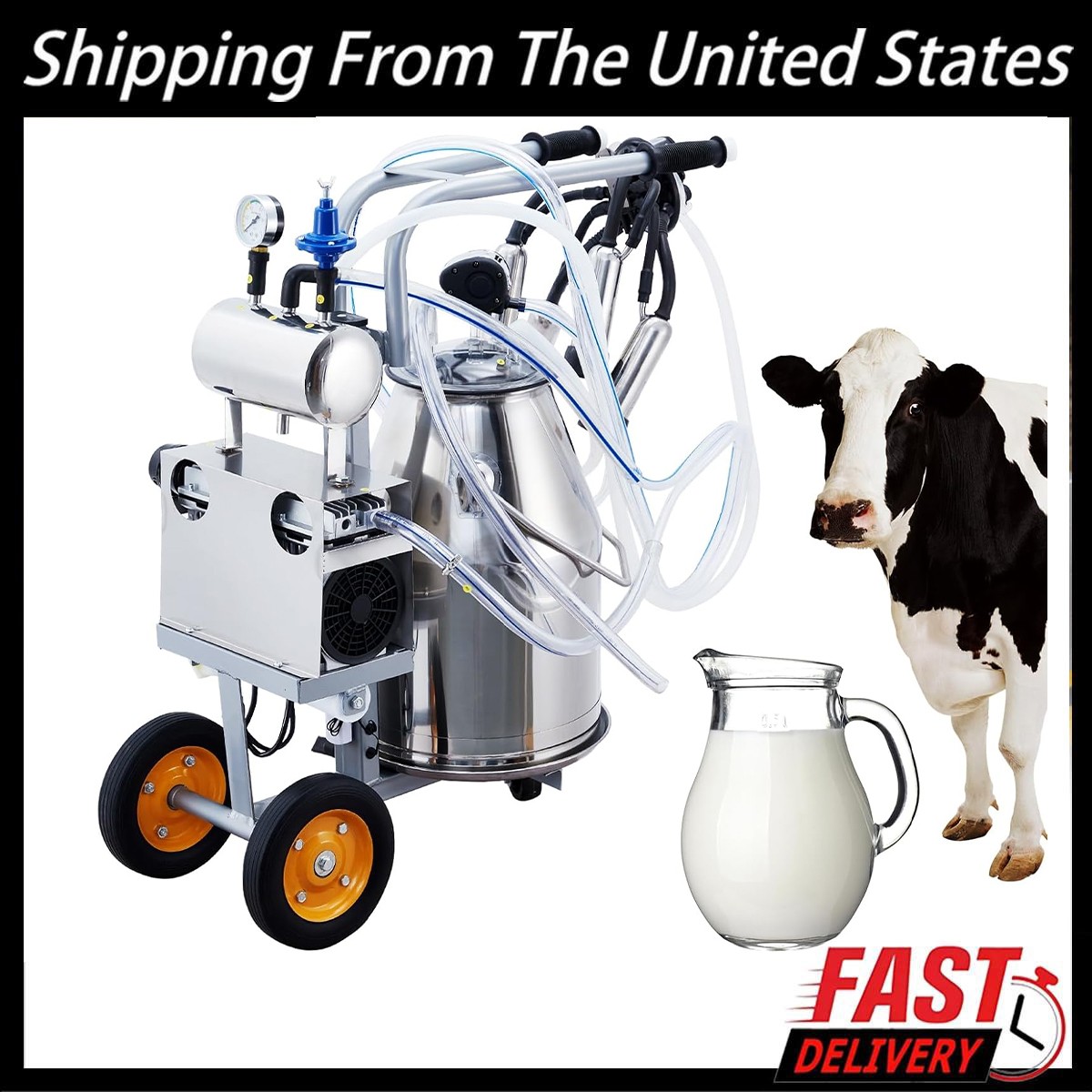 25L Electric Cow Milking Machine Milking Equipment 304 Stainless Steel Bucket US