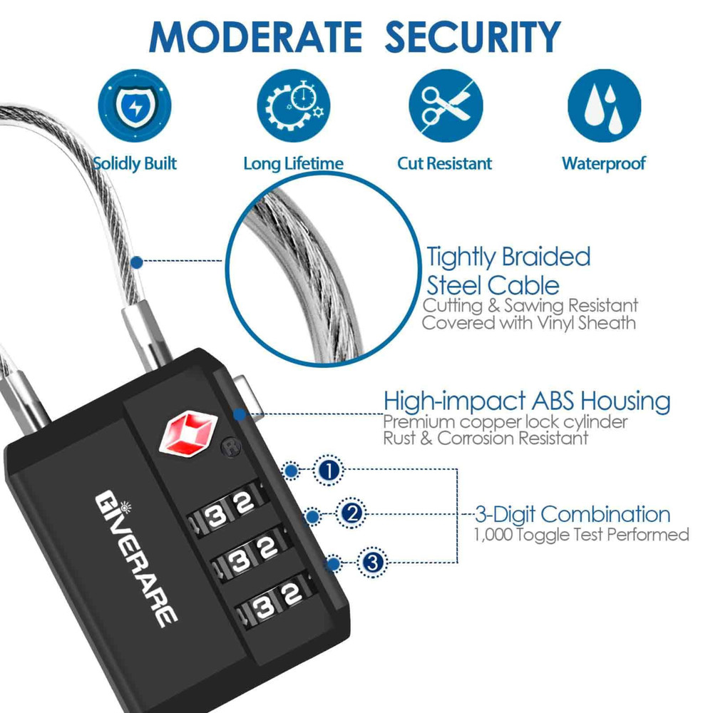 TSA Approved Weatherproof Cable Luggage Locks - Black