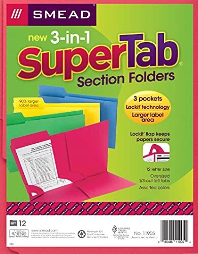 3-in-1 SuperTab Section Folder, 1/3-Cut Oversized Tab, Letter Size, Assorted