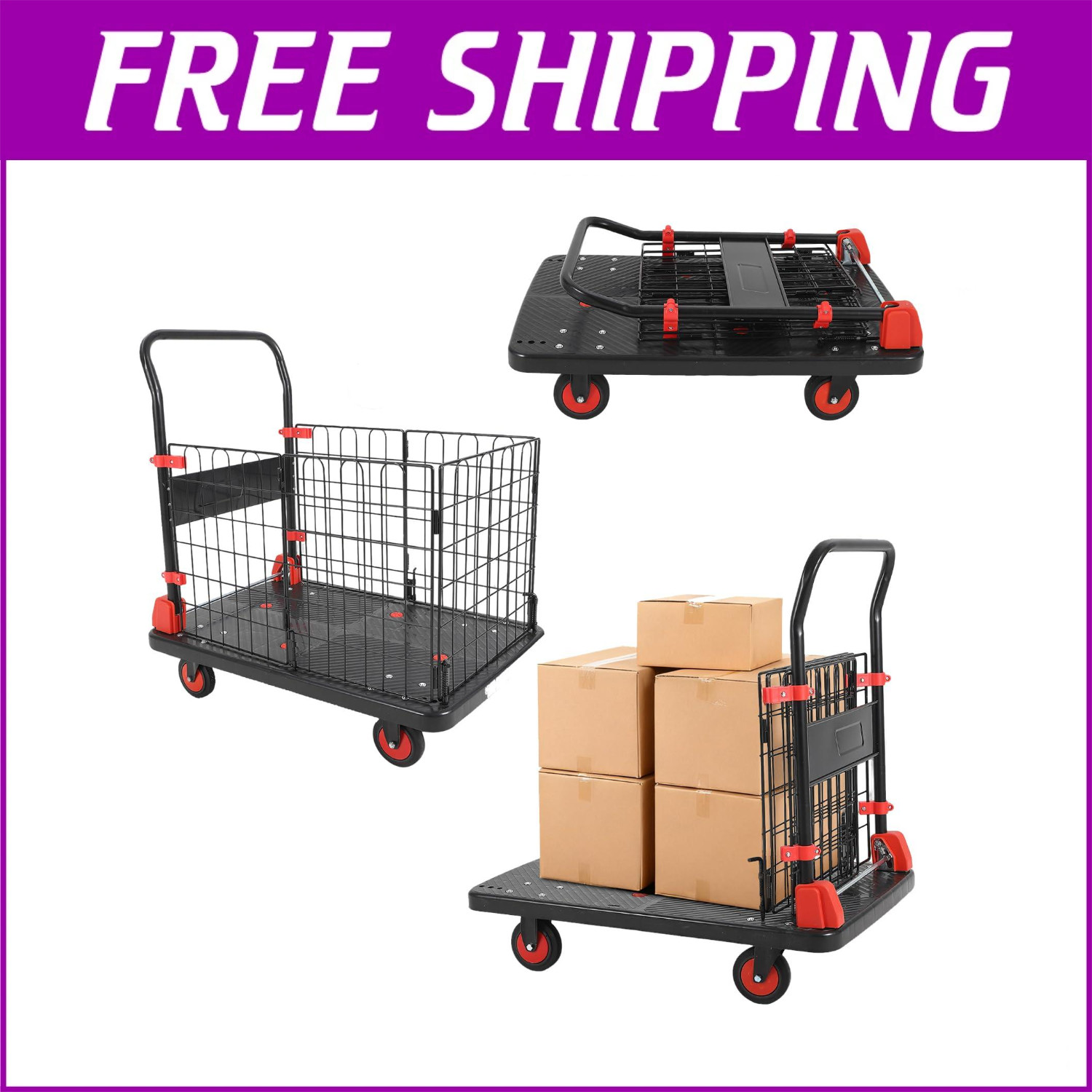 1000Lbs Platform Truck Cart with Cage 2in1 Heavy Duty Push Cart Dolly Foldable