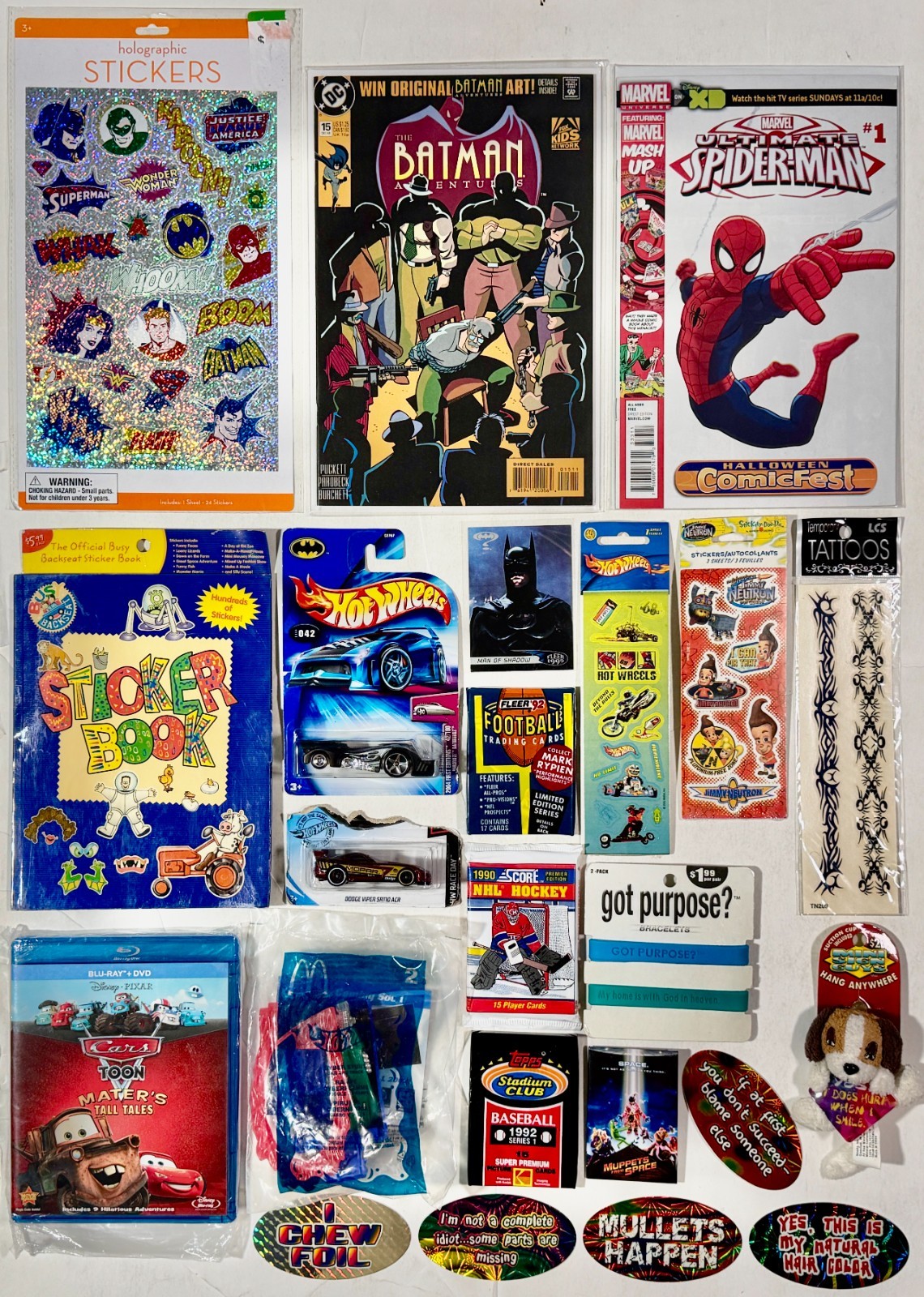 Junk Drawer Box Lot for Boys: Hot Wheels, Comics, Batman, Stickers, Sports Cards
