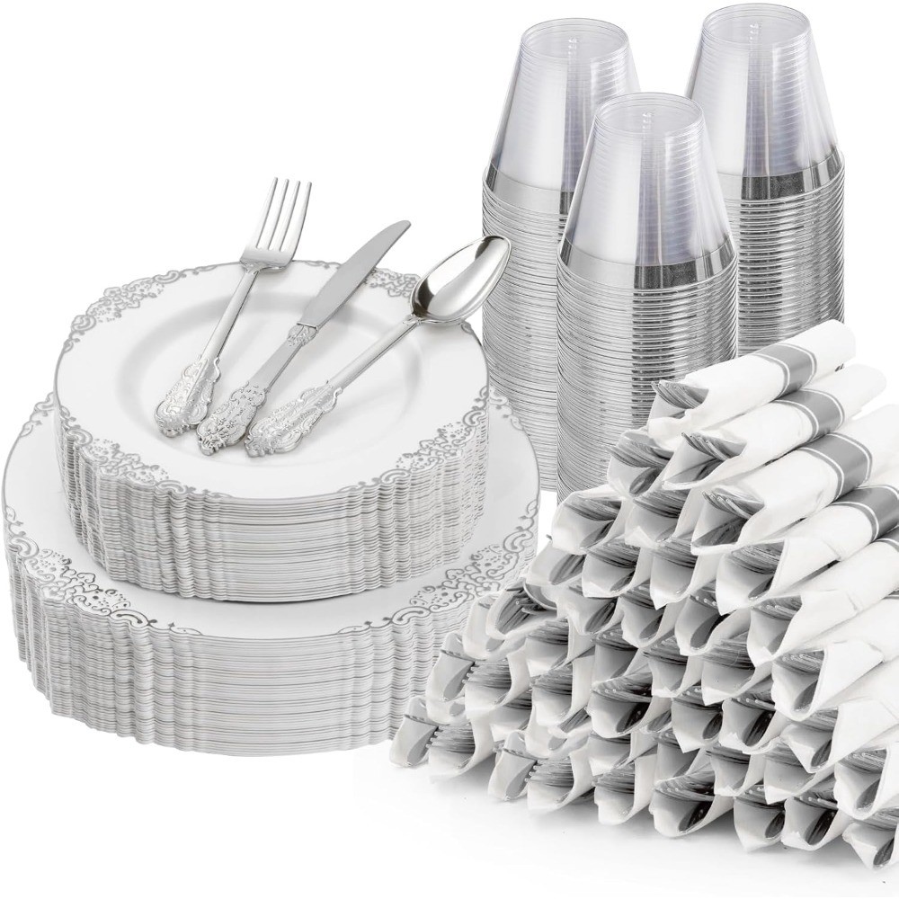 Disposable Silver Plastic Dinner Plates for 50 Guests Set Includes 100 Silver