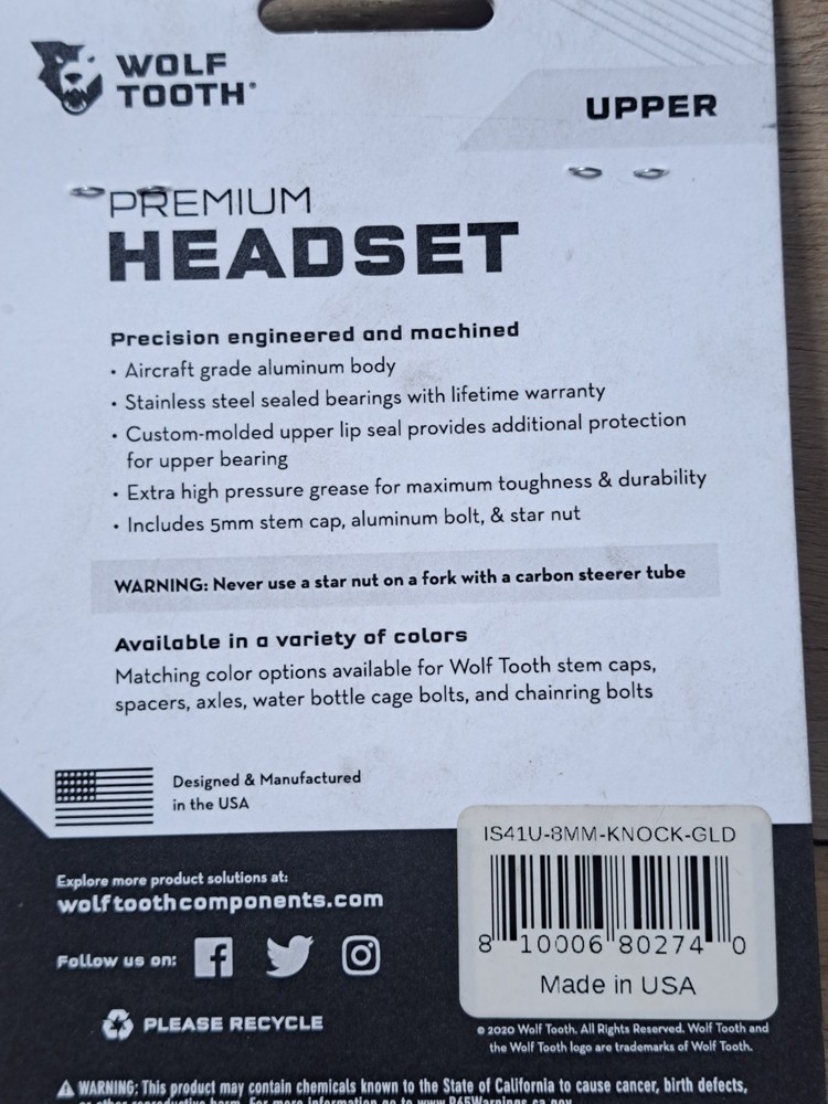 Wolf Tooth Headsets - Integrated Upper IS41/28.6, 8mm Stack, Gold / Knock-Block