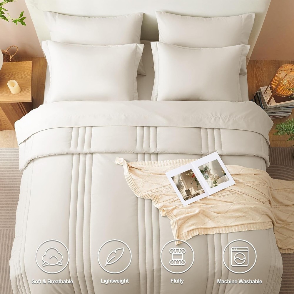 Queen Size Comforter Sets 7 Piece Bed in a Bag Beige Comforter Set W/ Sheets