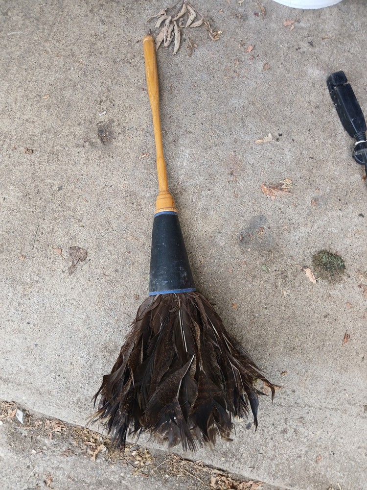 Antique  Feather  Duster , large , long wood handle ,