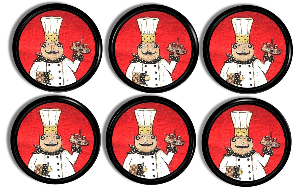 Italian Chef Kitchen Cabinet Knobs – Red Bistro Drawer Pulls, 4pc or 6pc Set