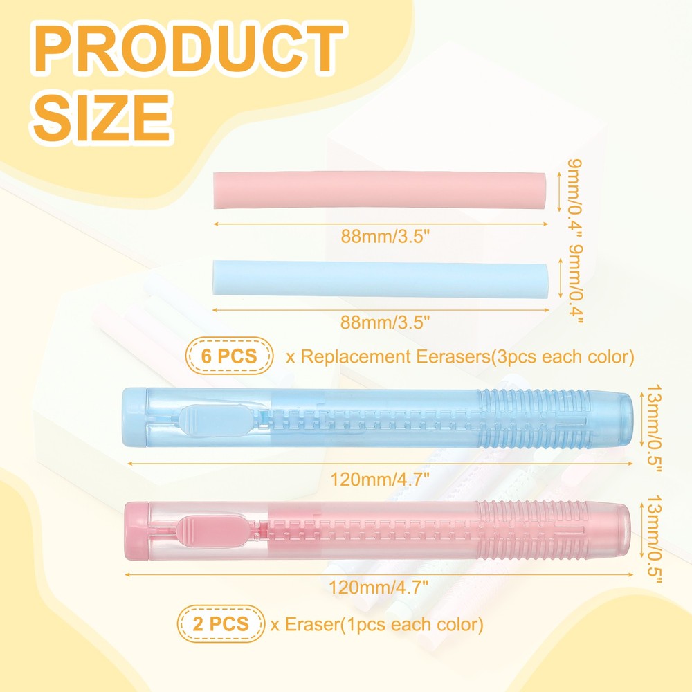 8 Pack Erasers, Pencil Erasers Large Eraser Push Pull Cute Soft, Pink Blue TPE