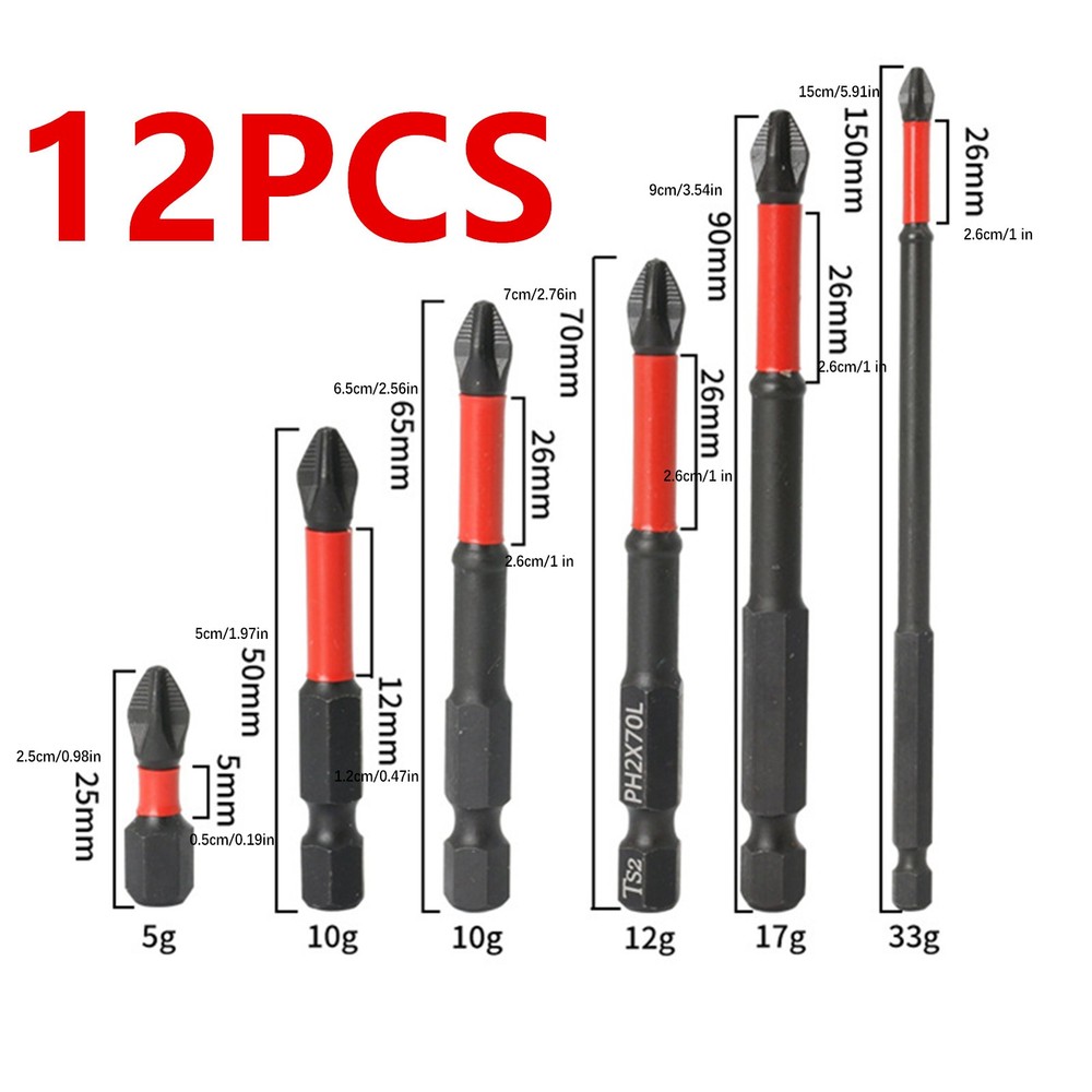 12Pcs PH2 Magnetic Cross Phillips Impact Batch Head Hardness Screwdriver Bit Kit