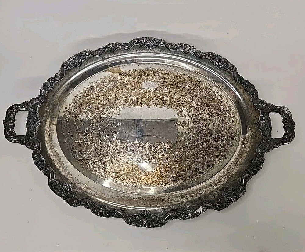 Vtg Poole Silverplate Old English #5000 Oval Footed Handled Serving Tray Large