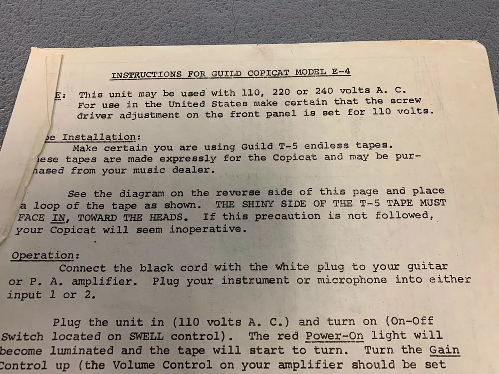 Vintage 1970 Guild Copicat Echo Reverb Effect Model E-4 Instructions & Schematic