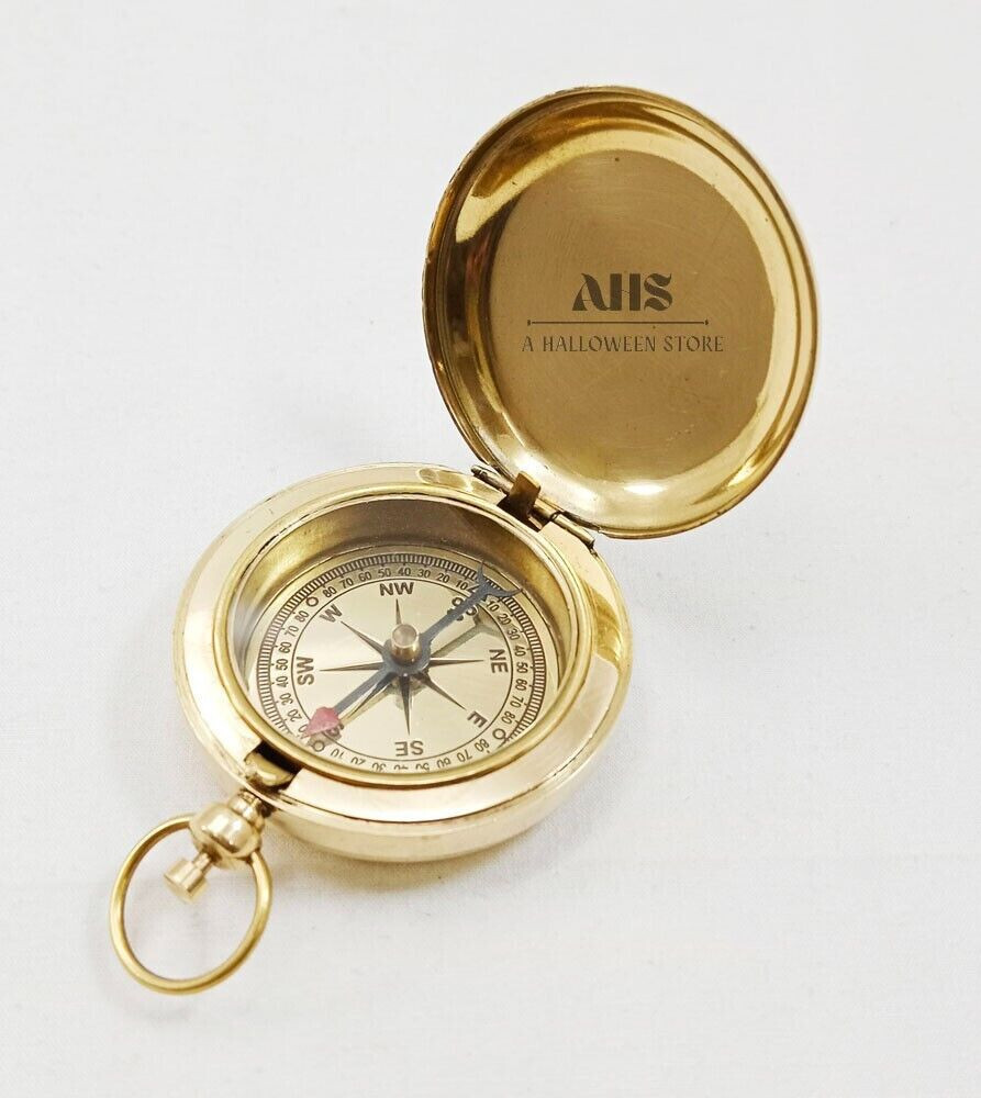 Vintage Navigational Maritime Brass Push Button Pocket Compass