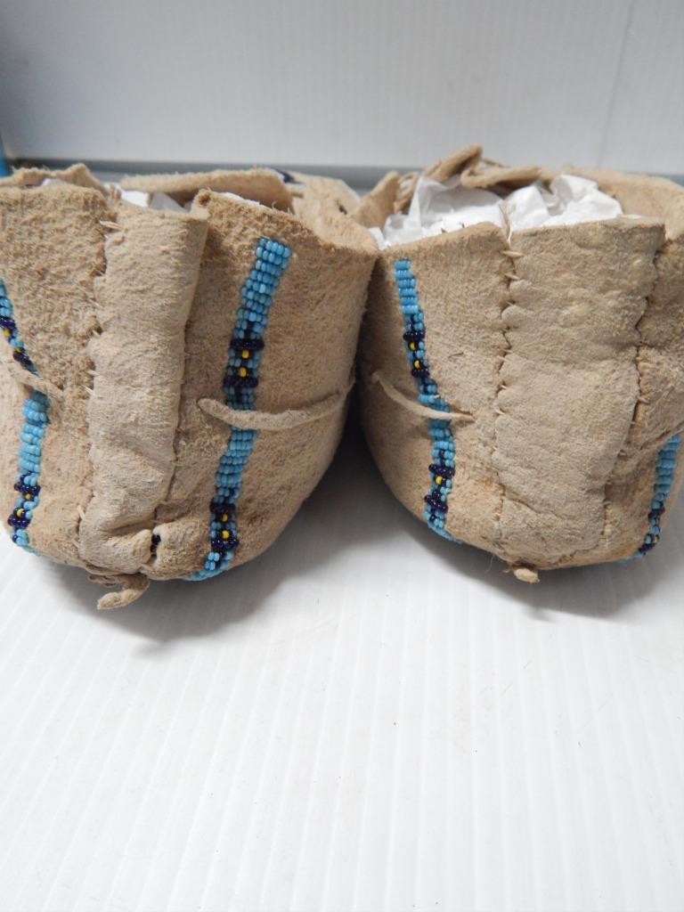 ANTIQUE VINTAGE KIOWA INDIAN BEADED MOCCASINS - HARD SOLES - BRAIN TANNED