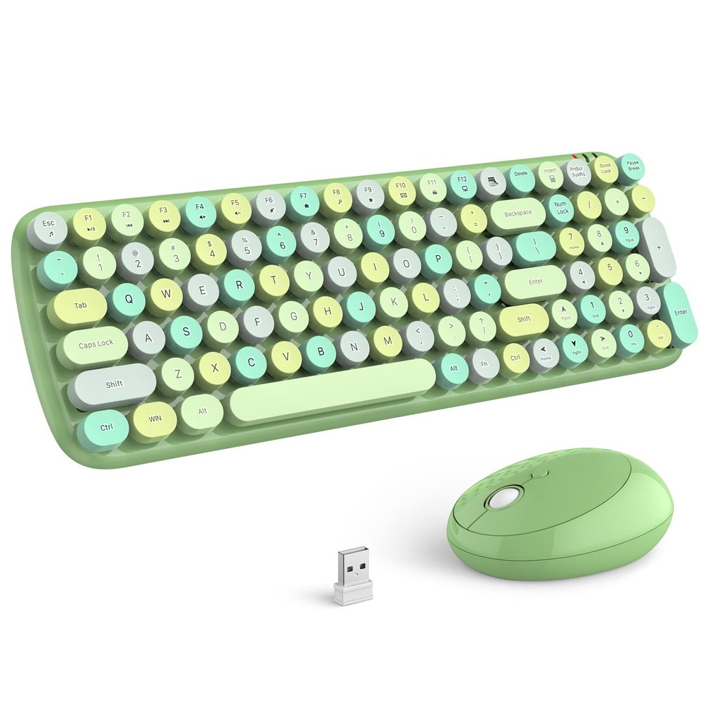 Wireless Keyboard Mouse Combo Ergonomic Full Size Typewriter Win PC Green