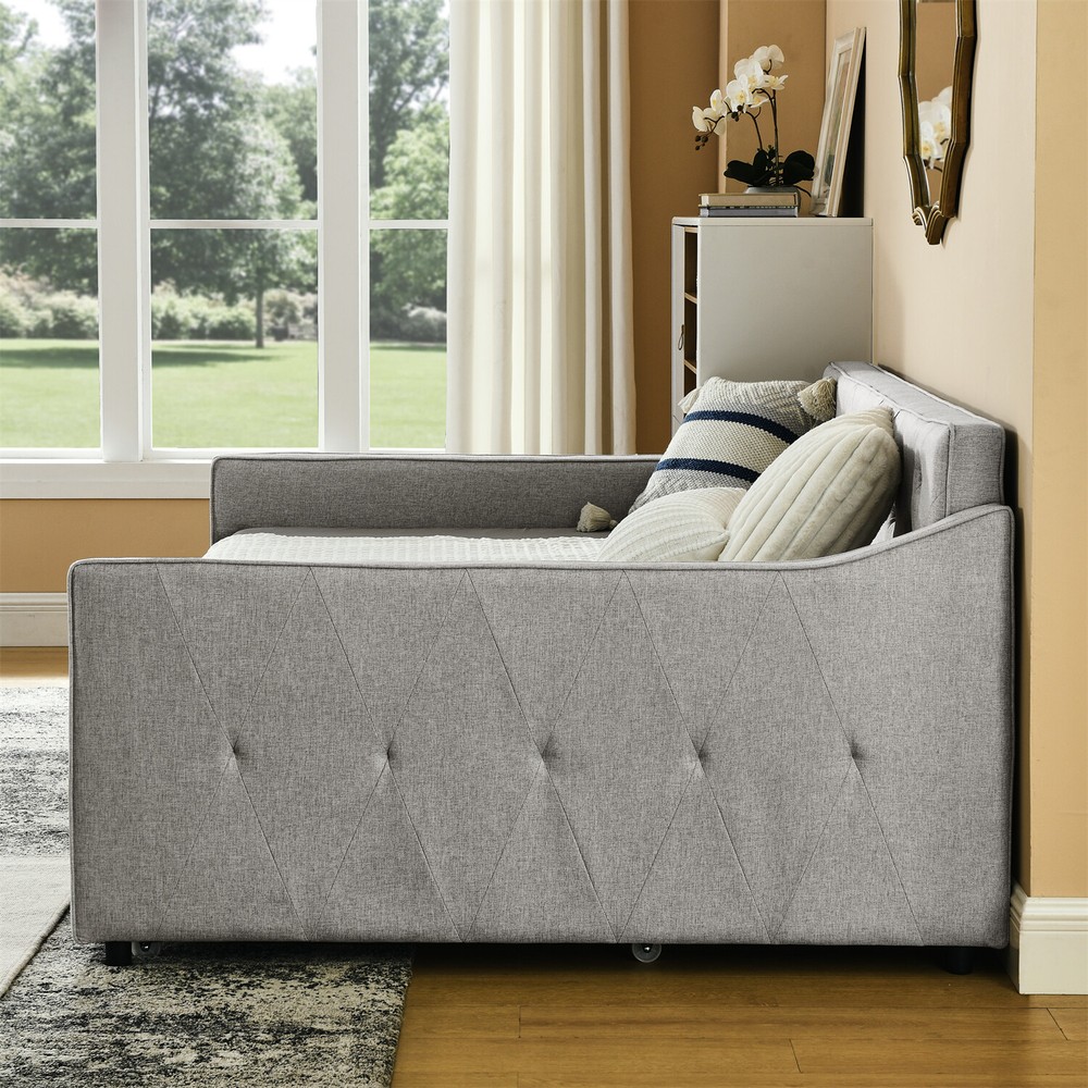 Full Size Daybed w/ Pull Out Trundle Bed Linen Upholstered Bed Frame Sofa Bed