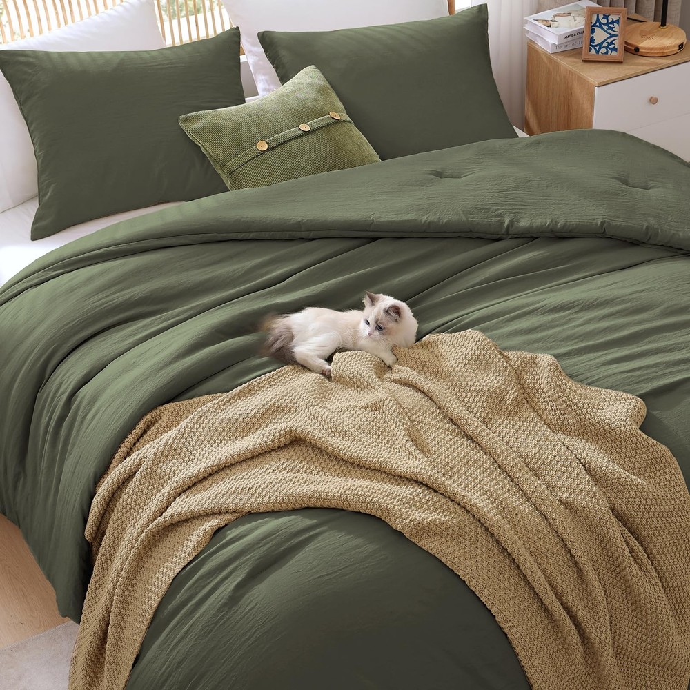 Queen Comforter Set - 3 Pieces Prewashed Olive Green Comforter Soft Lightweig...