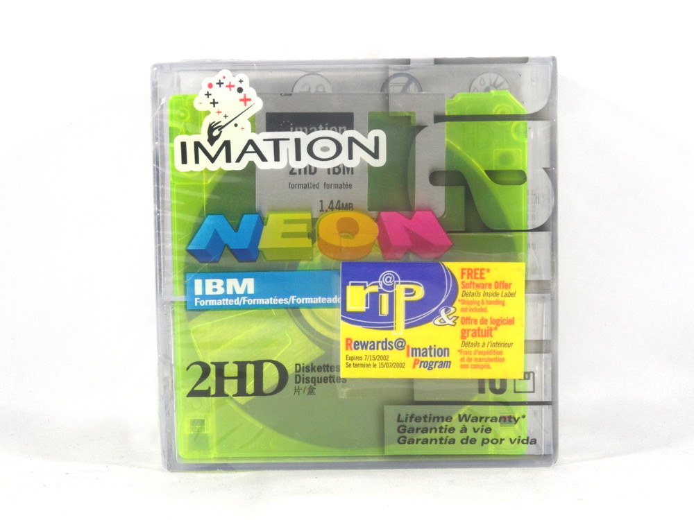 10 Pack NEON Imation Formatted Diskettes IBM 2HD 1.44 MB Sealed Acrylic Box
