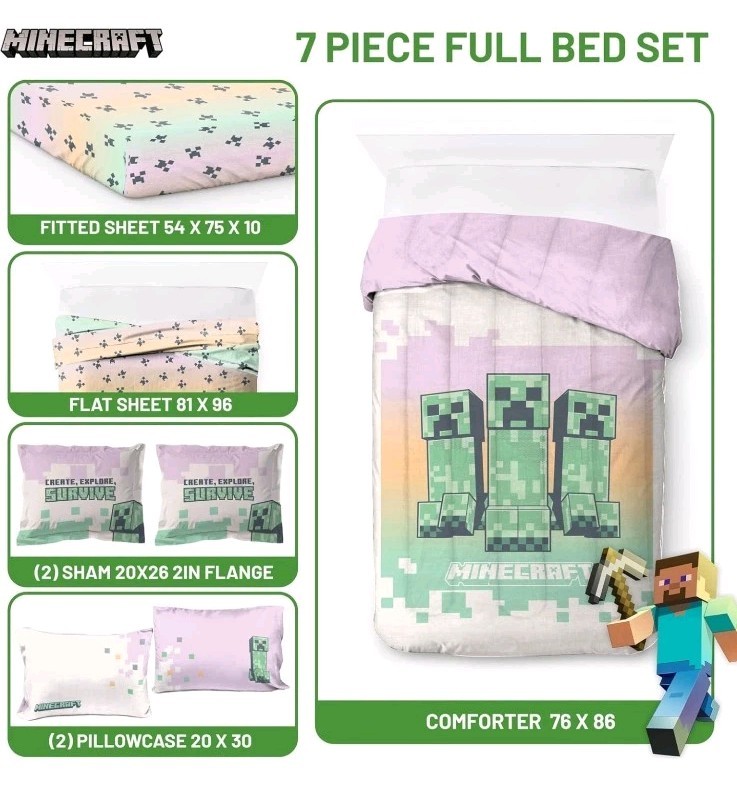 Jay Franco Minecraft Creeper Comforter Set, Full Size, New