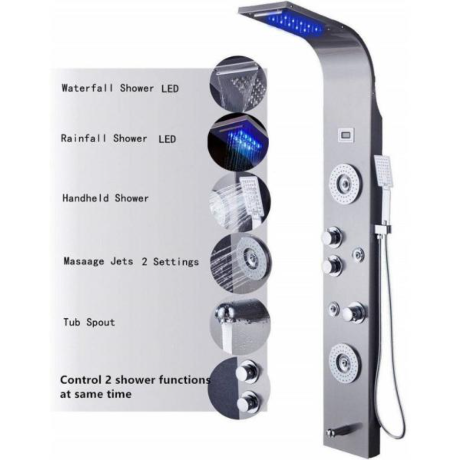 BLACK Shower Tower Panel Massage System Luxury LED Rainfall Waterfall Bath Light