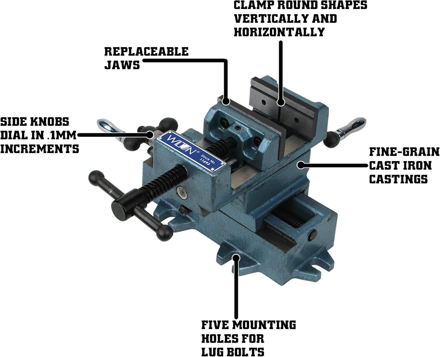 Versatile Cross-Slide Vise with Hardened Jaws for Vertical & Horizontal Clamping