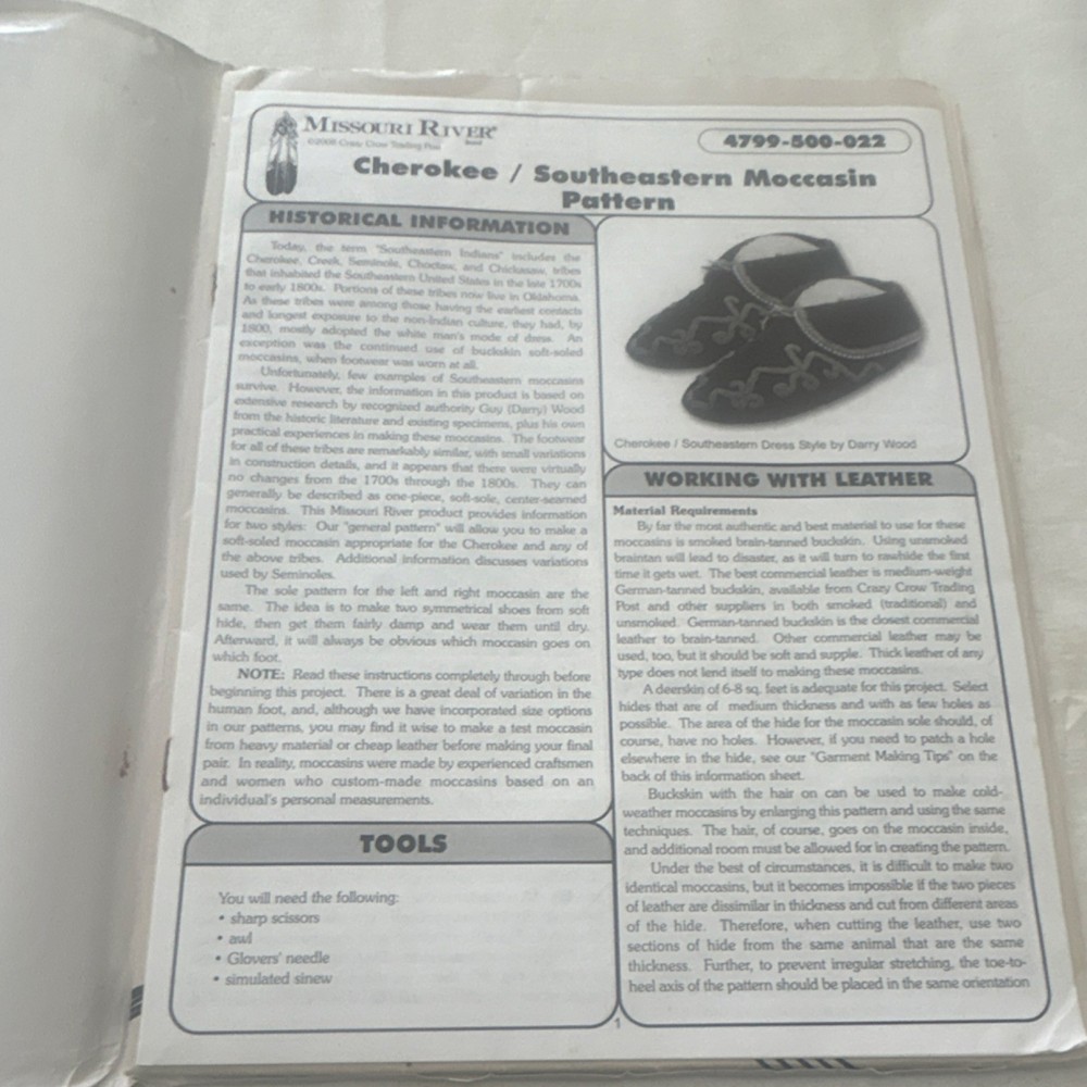 Missouri River Cherokee/Southeastern Moccasins Pattern Sheet